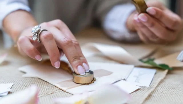 Person using a wax seal stamp to close a wedding invitation.