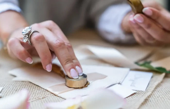 Person using a wax seal stamp to close a wedding invitation.