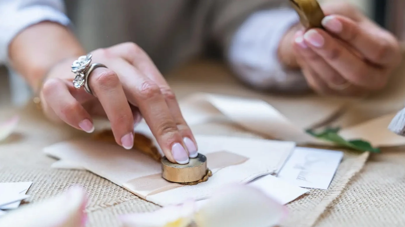 Person using a wax seal stamp to close a wedding invitation.